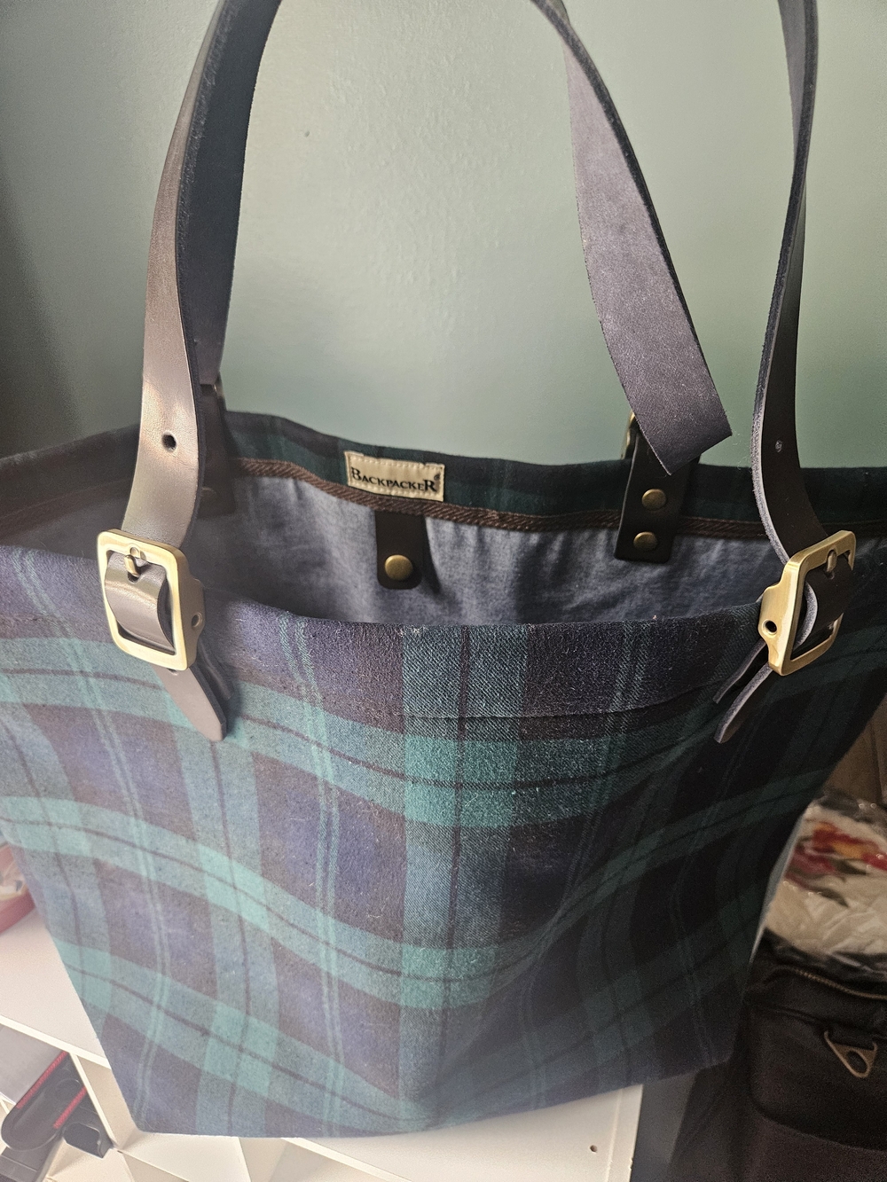 Backpacker Green & Navy Plaid Tote with Leather Straps